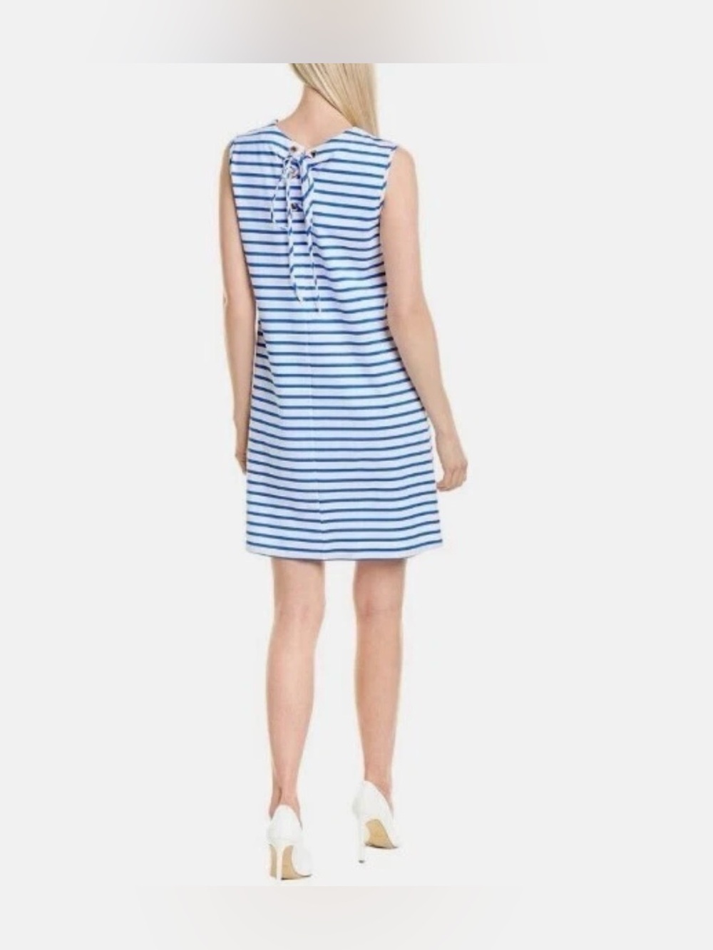 Jude Connally Maya Classic Stripe Dress L Lace-up Back Silver Grommet Nautical - Picture 2 of 11